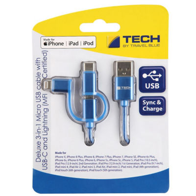 TRAVEL BLUE DELUXE 3 IN 1 MICRO USB CABLE WITH USB-C AND LIGHTNING (MFI CERTIFIED)
