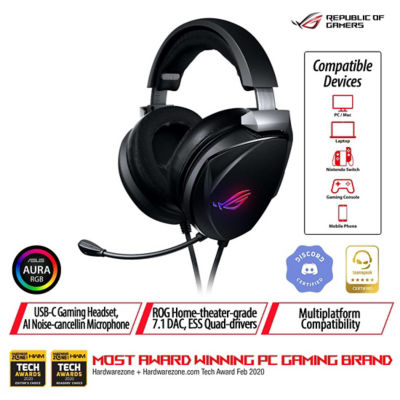 Rog Theta 7 1 创世7 1 Usb C 电竞耳麦配备7 1 环绕音效 Ai 降噪麦克风 Rog 家庭剧院级7 1 Dac Ess 四核驱动单元 适用于pc Ps4 任天堂switch 及智能设备