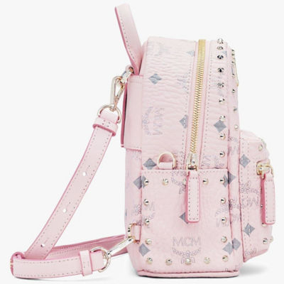 MCM Stark Bebe Boo Studded Mini Visetos Logo Leather Backpack Bag Pink