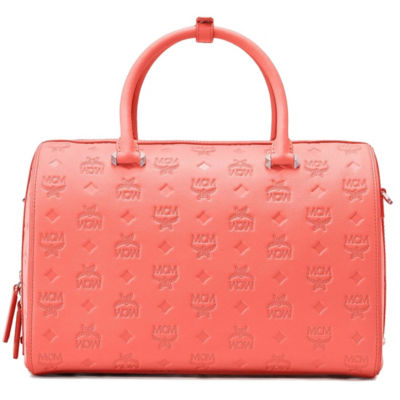 mcm essential boston bag in monogram leather