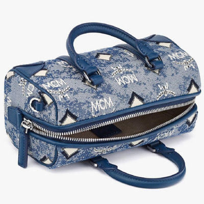 MCM Boston Mini Blue Vintage Jacquard Logo Fabric Satchel Crossbody Ha –  AUMI 4