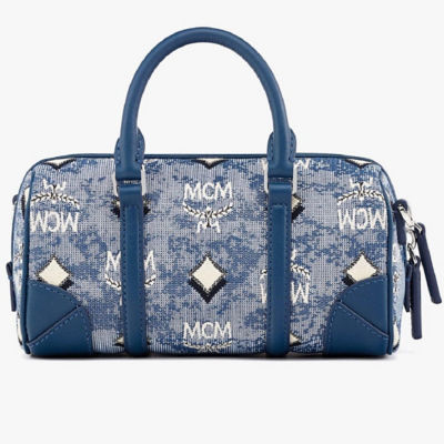 MCM Boston Mini Blue Vintage Jacquard Logo Fabric Satchel Crossbody Ha –  AUMI 4