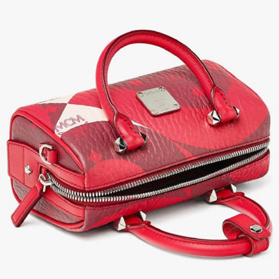 MCM Boston Essential Monogrammed Small Leather Satchel in Red