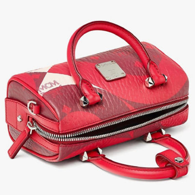 MCM Essential Monogrammed Leather Boston Bag in Red