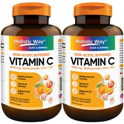 Holistic Way [两瓶装] Holistic Way 非酸性维生素-C 1000毫克 含生物类黄酮、锌和维生素 D3 — 纯素 (每瓶 60 粒片剂) 1