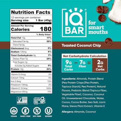IQBar Plant Protein Bar - Toasted Coconut Chip (12 x 45g) 4