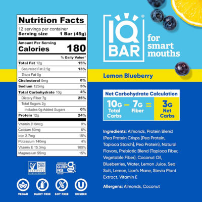 IQBar Plant Protein Bar - Lemon Blueberry (12 x 45g) 7