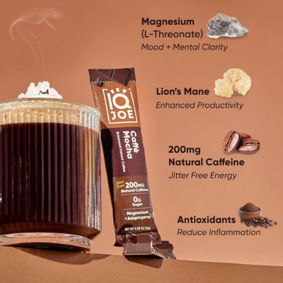 IQBar IQJoe Instant Coffee Packets with Adaptogens & Magtein® 16 Sticks 8