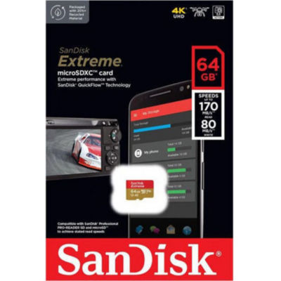 SanDisk Extreme 64GB A2 microSDXC Card C10 UHS-I U3 V30 170MBs for Action Camera 3