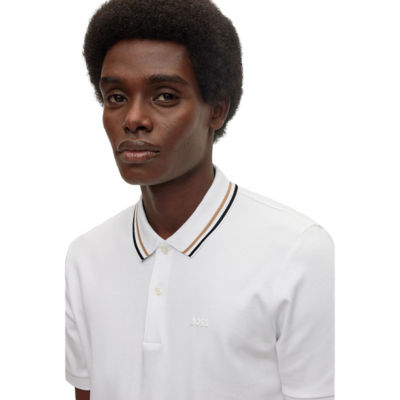 BOSS Striped-collar slim-fit polo shirt in cotton with logo 3