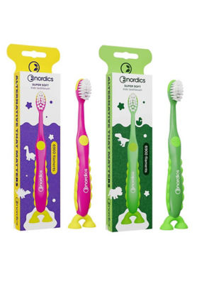 Nordics [Bundle of 2] Nordics Kids Premium Toothbrush Green and Pink Dino Super Soft 6900 Filaments 1