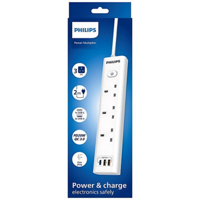 Philips 3 Way Extension with USB 2A+1C 20W PD 2 Meter Cable Length 3