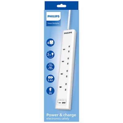 Philips 4 Way Extension with USB A+C 2 Meter Cable Length 2