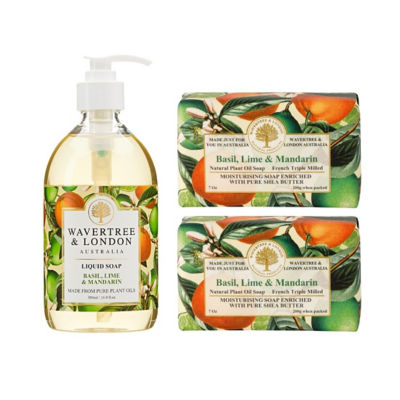 Wavertree & London [Bundle Set] 1x Wavertree & London Basil Lime Mandarin Liquid Soap 500ml + 2x Basil Lime Mandarin Soap Bar 200g 1