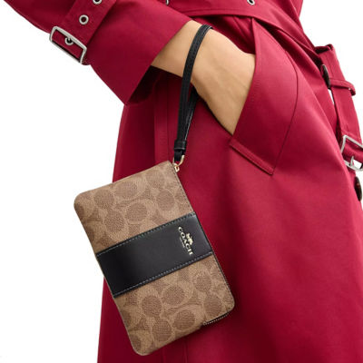 COACH Corner Zip Wristlet In Signature Canvas With Stripe Tan/Black CW854 3