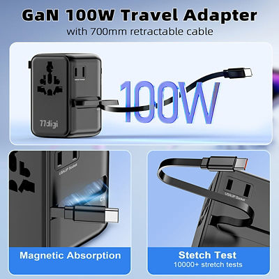 77digi 77digi 100W 3 Type-C + 2 USB Universal Travel Adapter with Cable (1007FVW) 4