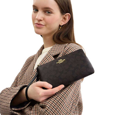 COACH Large Corner Zip Wristlet In Signature Canvas Walnut/Black CZ277 4