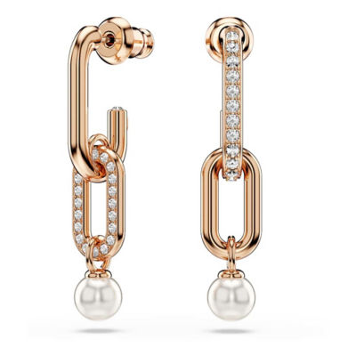 SWAROVSKI Constella 水滴形耳环, 仿水晶珍珠, 圆形切割, 白色, 镀玫瑰金色调 1