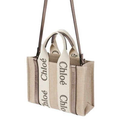 CHLOE Small Woody Tote Bag In Linen And Leather Shiny Gray CHC25SS397O81074 3