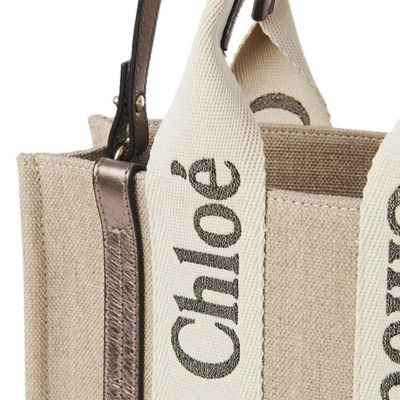 CHLOE Small Woody Tote Bag In Linen And Leather Shiny Gray CHC25SS397O81074 5