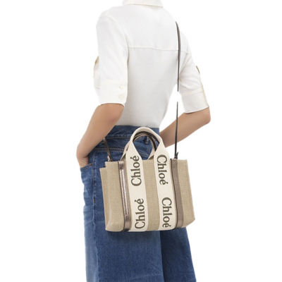 CHLOE Small Woody Tote Bag In Linen And Leather Shiny Gray CHC25SS397O81074 7