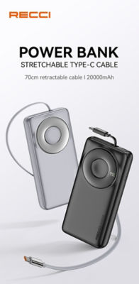 Recci 3C Power Bank 20000mAh PD 65W Retractable USB C Cable RPB-P72 3