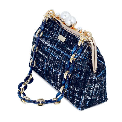 COCOONESE Acrylic Chain Tweed Shoulder Bag (Blue) 3