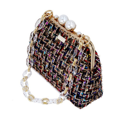 COCOONESE Acrylic Chain Tweed Shoulder Bag (Black) 2