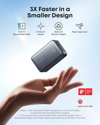 Anker Nano CCC Power Bank 10000mAh 45W with Built-In Retractable USB-C Cable A1638 5