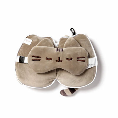TRAVELMALL 3D Pusheen Cat Plush Travel Pillow & Eye Mask Set 4