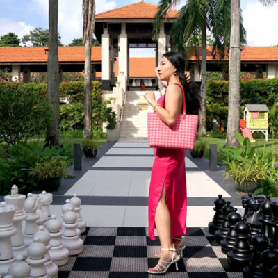 COCOONESE Zipper Top Tote Bag - Houndstooth Check (Pink) 5