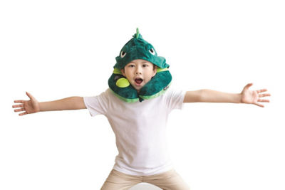 TRAVELMALL Dinosaur 3D Inflatable Neck Pillow with Patented Pump and Hood 3