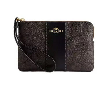 COACH Corner Zip Wristlet In Signature Canvas With Stripe Walnut/Black CW854 1