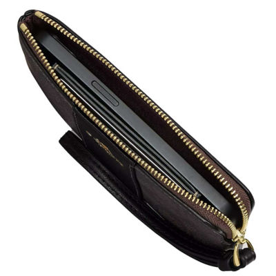 COACH Corner Zip Wristlet In Signature Canvas With Stripe Walnut/Black CW854 3