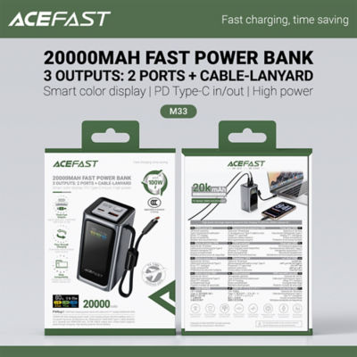 Acefast 3C Power Bank 20000mAh PD 100W with Built-In USB-C Cable M33 9