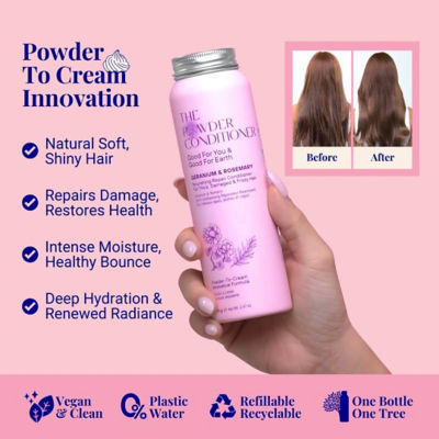 The Powder Shampoo [BUNDLE] Hydrating Shampoo For Dry & Fragile Hair Camellia & Geranium 20g + Nourishing Repair Conditioner For Thick, Damaged & Frizzy Hair Geranium & Rosemary 20g 10