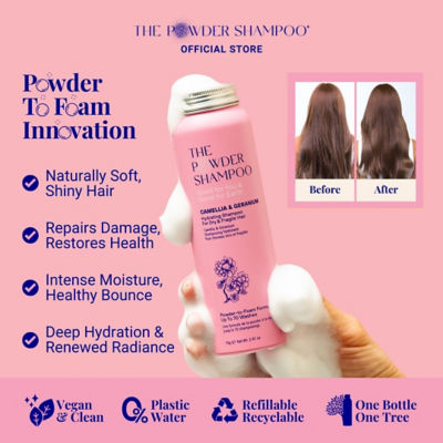 The Powder Shampoo [BUNDLE] Hydrating Shampoo For Dry & Fragile Hair Camellia & Geranium 20g + Nourishing Repair Conditioner For Thick, Damaged & Frizzy Hair Geranium & Rosemary 20g 4