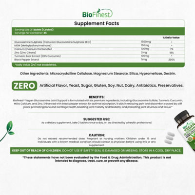Biofinest 純素葡萄糖胺關節支持活動能力 MSM 鈣薑黃補充劑（90 片包衣片） 4