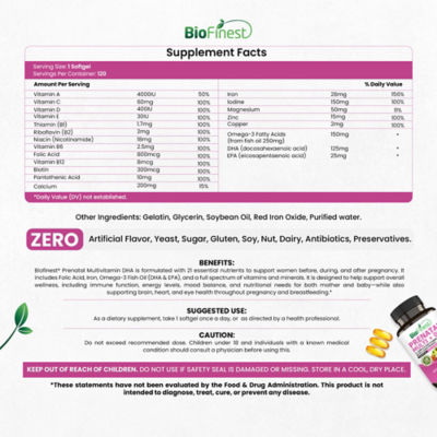Biofinest Prenatal Omega DHA EPA Multivitamin Folic Acid Iron (120 Softgels) 4