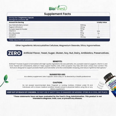Biofinest 前列腺膀胱支持男士補充劑（120粒素食膠囊） 4