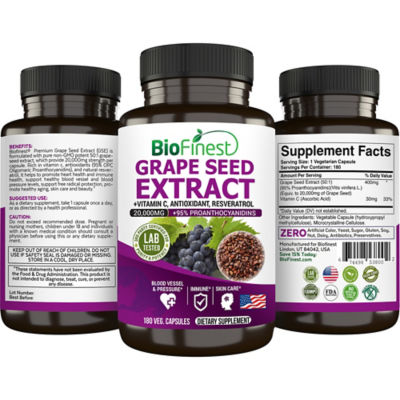 Biofinest 葡萄籽萃取物 20000 毫克補充劑（180 粒素食膠囊） 2