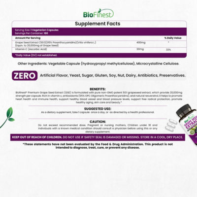 Biofinest 葡萄籽萃取物 20000 毫克補充劑（180 粒素食膠囊） 4