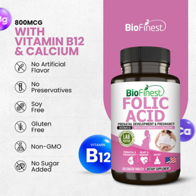 Buy Biofinest Folic Acid 800mcg Supplement (120 Coated Tablets) Online ...