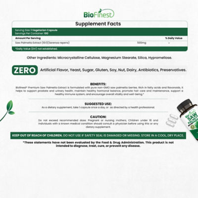 Biofinest 鋸棕櫚萃取物500毫克補充劑（100粒素食膠囊） 4