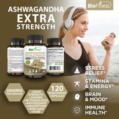 Biofinest 南非醉茄根萃取物 3000 毫克有機補充劑（120 粒素食膠囊） 3