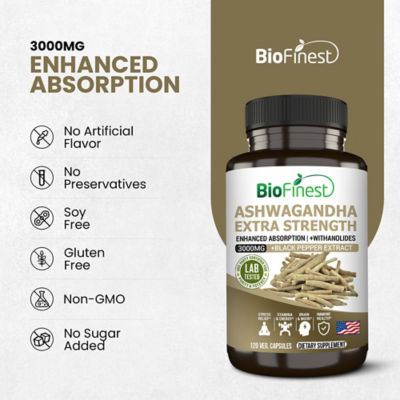 Biofinest 南非醉茄根萃取物 3000 毫克有機補充劑（120 粒素食膠囊） 8