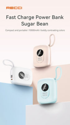 Recci 10000mAh Sugar Bean 3C Power Bank 22.5W Built-In USB C and Lightning Cable RPB-P79 3