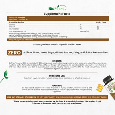 Biofinest 特級初榨椰子油 2000 毫克補充劑（180 粒軟膠囊） 4