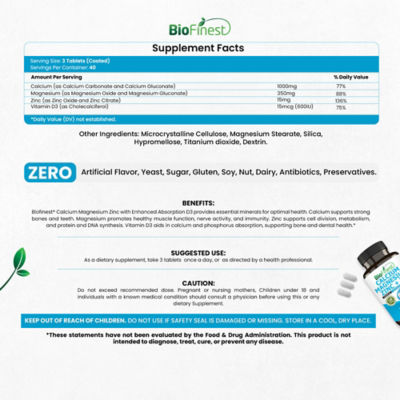 Biofinest 鈣鎂鋅維生素 D3 補充品（120 片包衣片） 4
