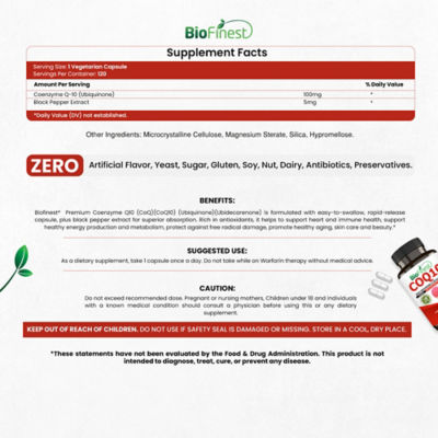 Biofinest CoQ10 辅酶Q10 100毫克补充剂（120 粒素食胶囊胶囊) 4